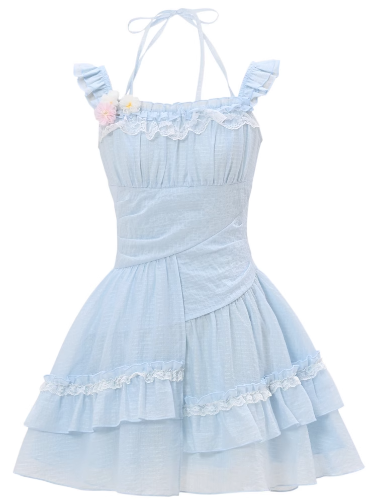 Sleeves Light Blue Flutter Dress Skirt Asymmetrical Chiffon Halter Neck Tiered