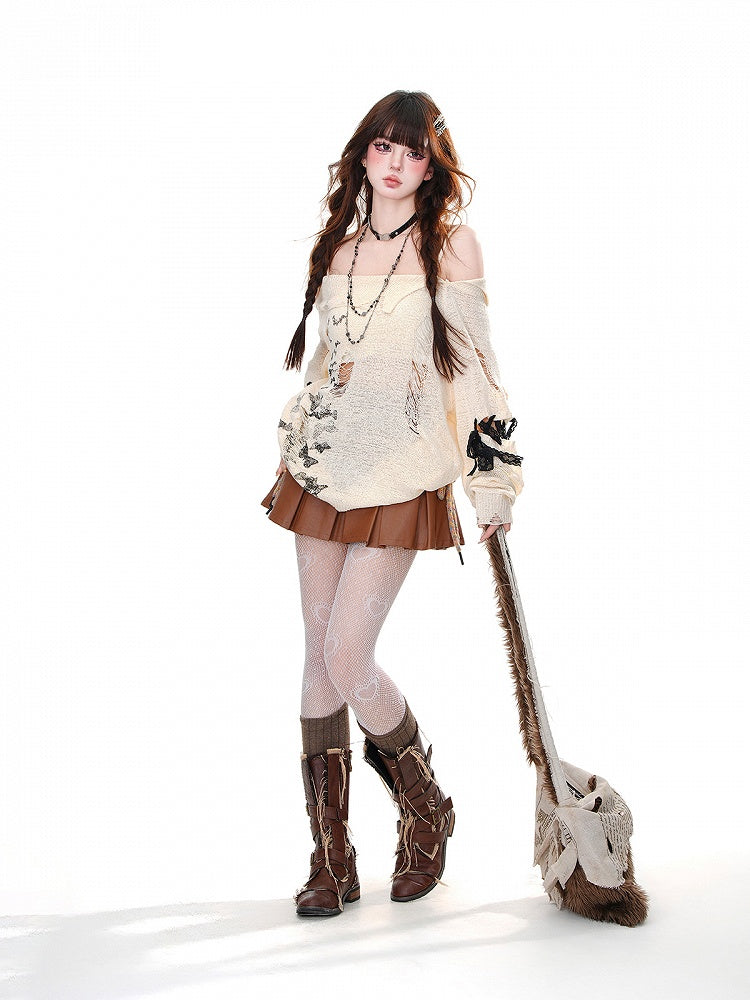 ミニスカート ウエストボックスプリーツ PU ブラウン ハイ