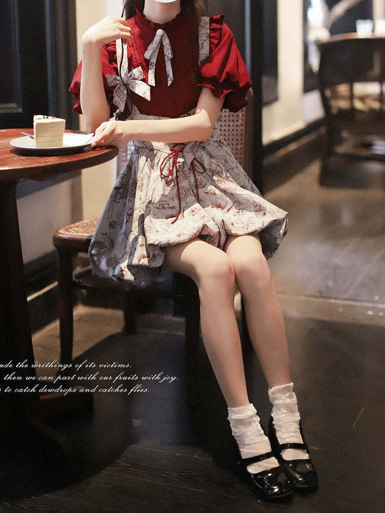 Wine Red Jacquard Overall Dress with Bubble Skirt Lace-up Waist