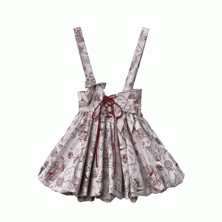 Wine Red Jacquard Overall Dress with Bubble Skirt Lace-up Waist