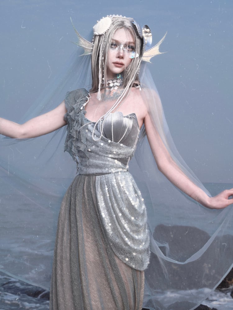 Shimmer Siren Asymmetrical Neckline Goth Cascading Ruffles Dress Fairy