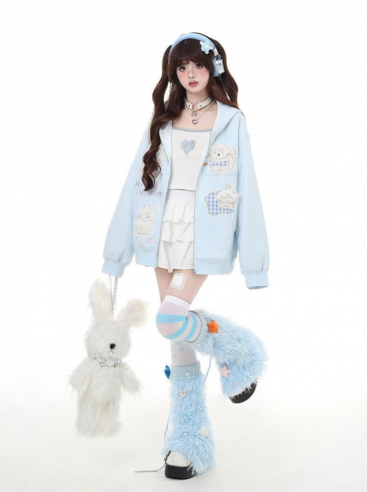 Puppy Embroidery Applique Black/Light Blue Plush Zip Closure Hoodie