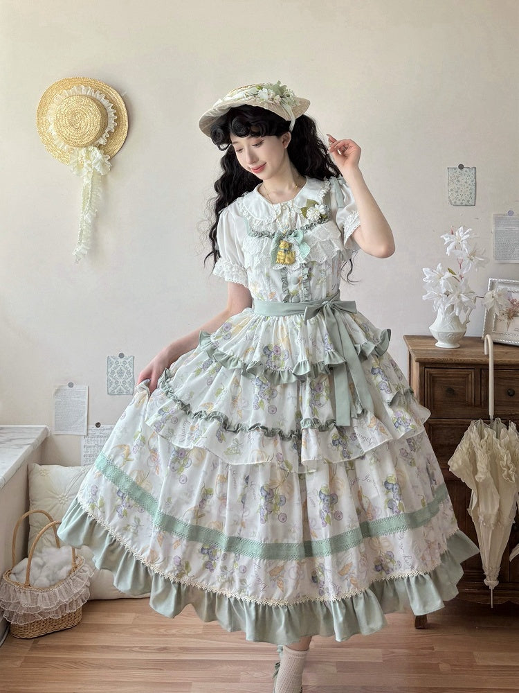 Tiered Ruffle Light Dress Skirt Trimming and Blueberry Cream Green Ice Print Lolita