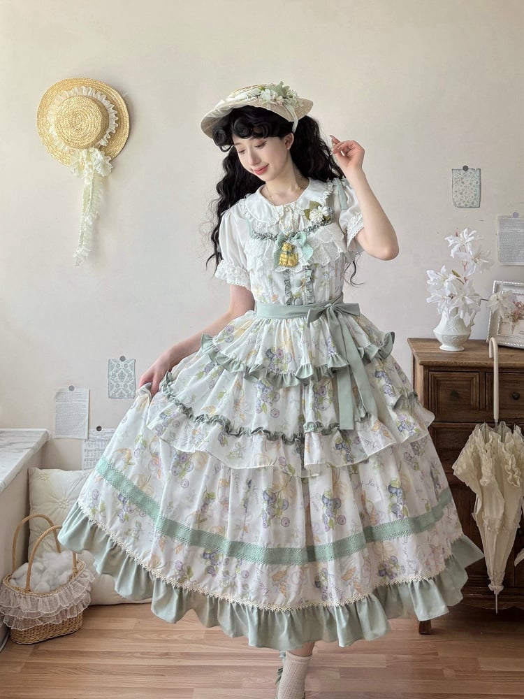 Ruffle and Ice Print Tiered Trimming Cream Dress Skirt Light Blueberry Green Lolita