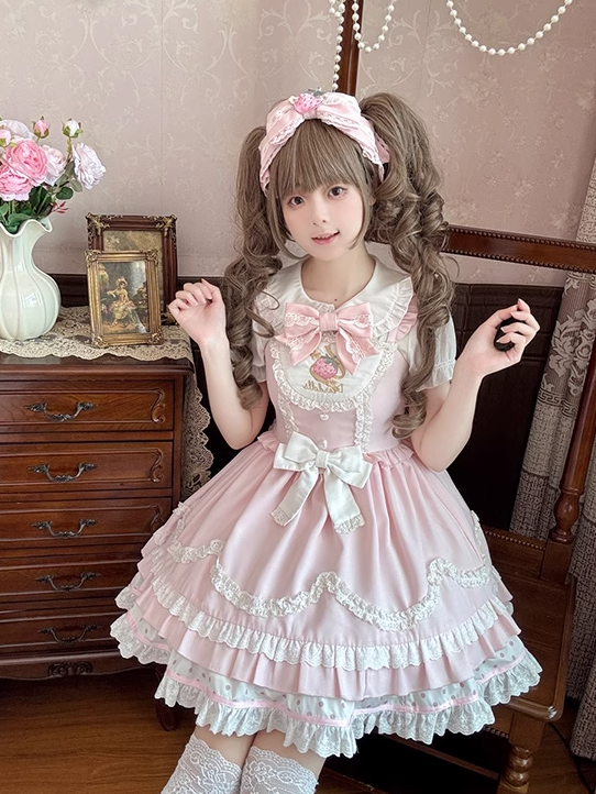 Erdbeerstickerei Rosa gewellter Rand JSK Leichtes süßes Lolita-Kleid