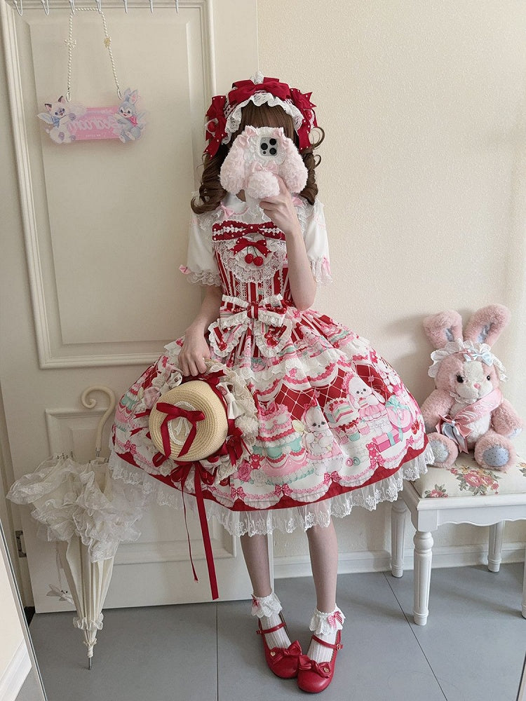 Red Bunny Lolita Jumper Cherry Skirt Print and Dress Sweet