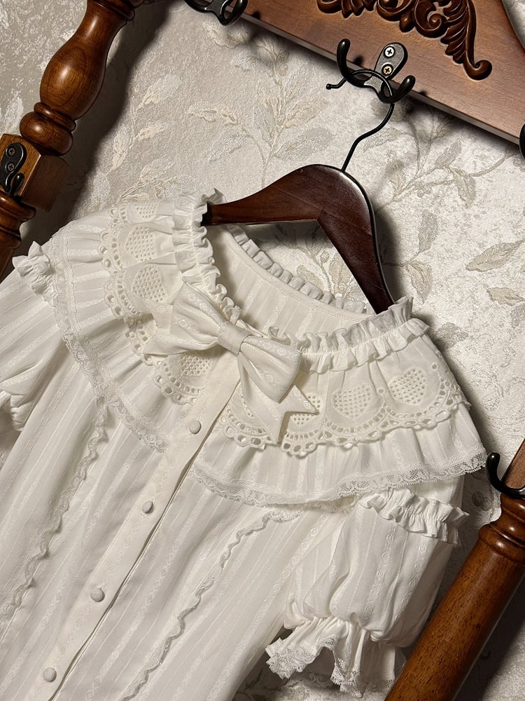 White Blouse Sleeves Puff Short Neckline Ruffle