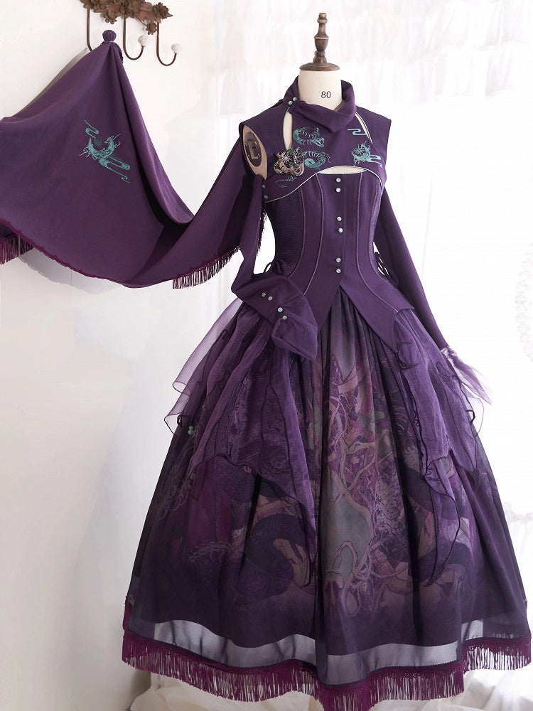 Red / Black / Purple Dragon and Moon Embroidery Shawl