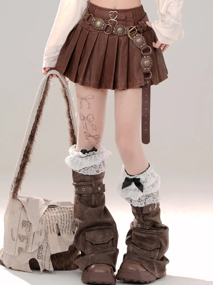 Buckle Pleated Straps Skirt Black/Brown
