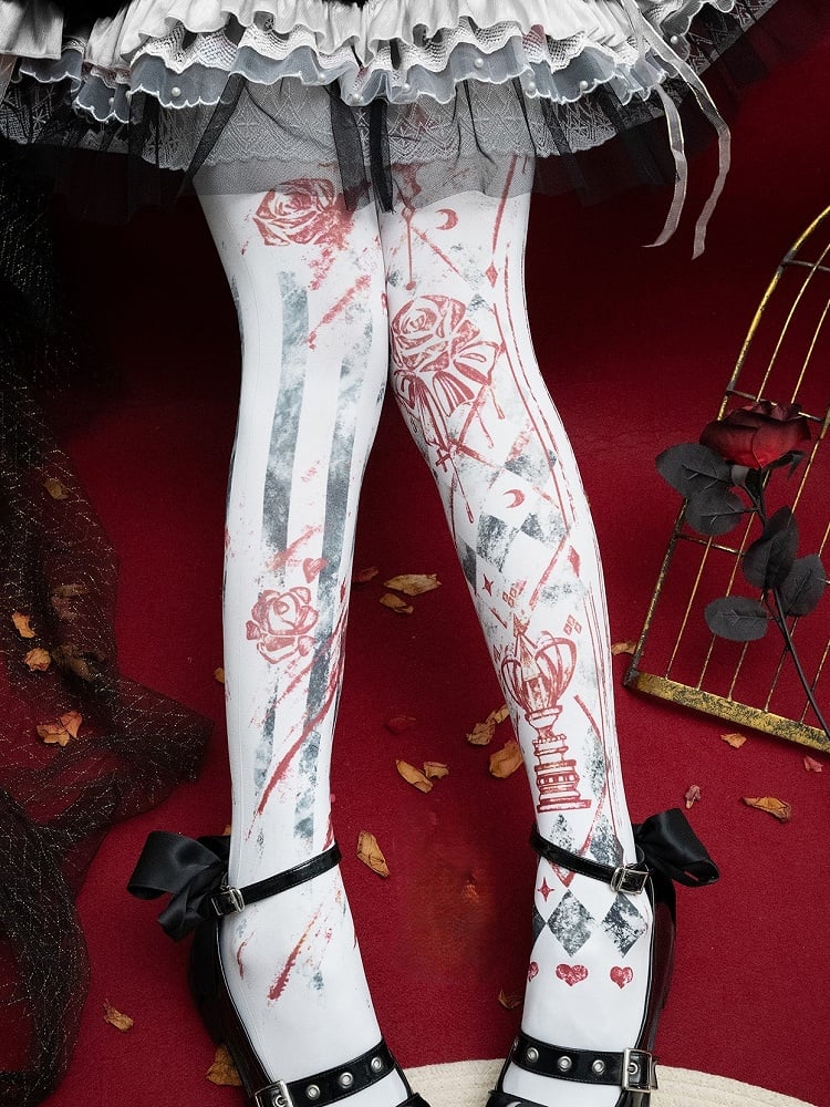 Asymmetrical Floral Design Print White/Blue/Red Tights Gothic