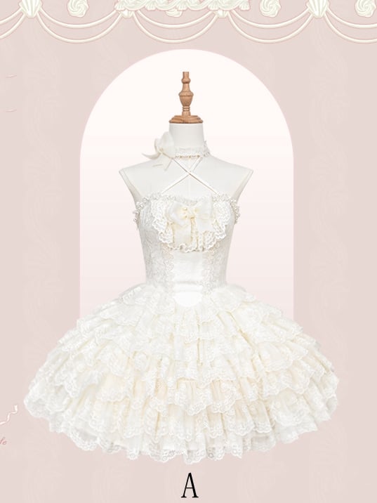 Creamy Scallop Lolita White Skirt Trim Embroidered Princess Dress Tiered
