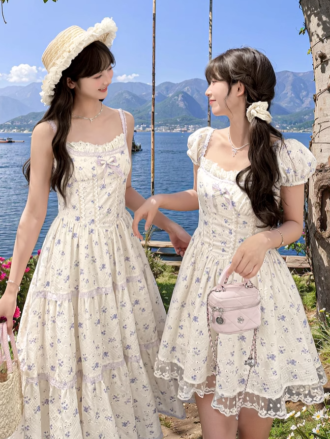 Kei Floral Dress Mori Beige Square Neckline and Short Puff Sleeves