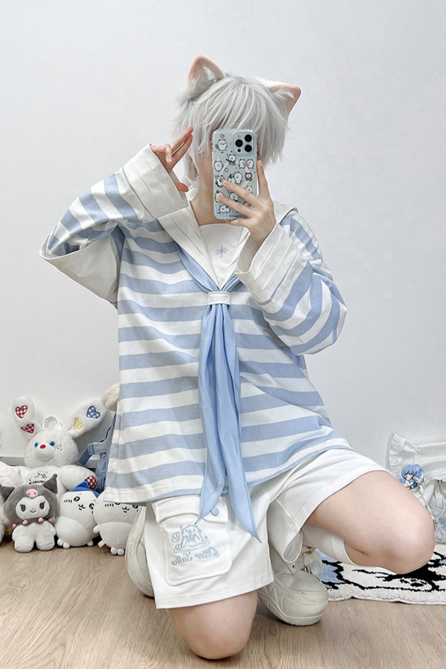 Sailor Neighborhood👼 Reserved Pants Subculture Tops Striped Collar Half Angel + Item