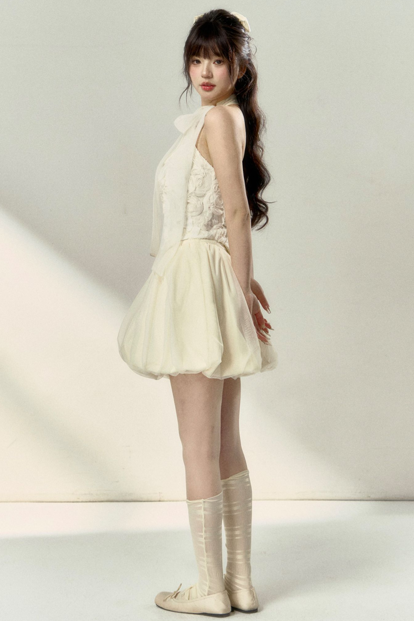 Long + Sweet Sleeveless Short Flower French Skirt Balloon Top