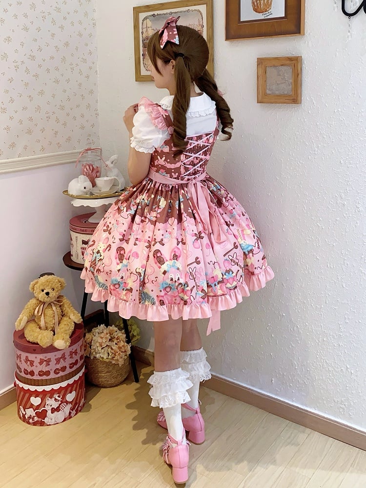 Print Sweet and Waist Dessert Lolita Bunny High Dress Pink