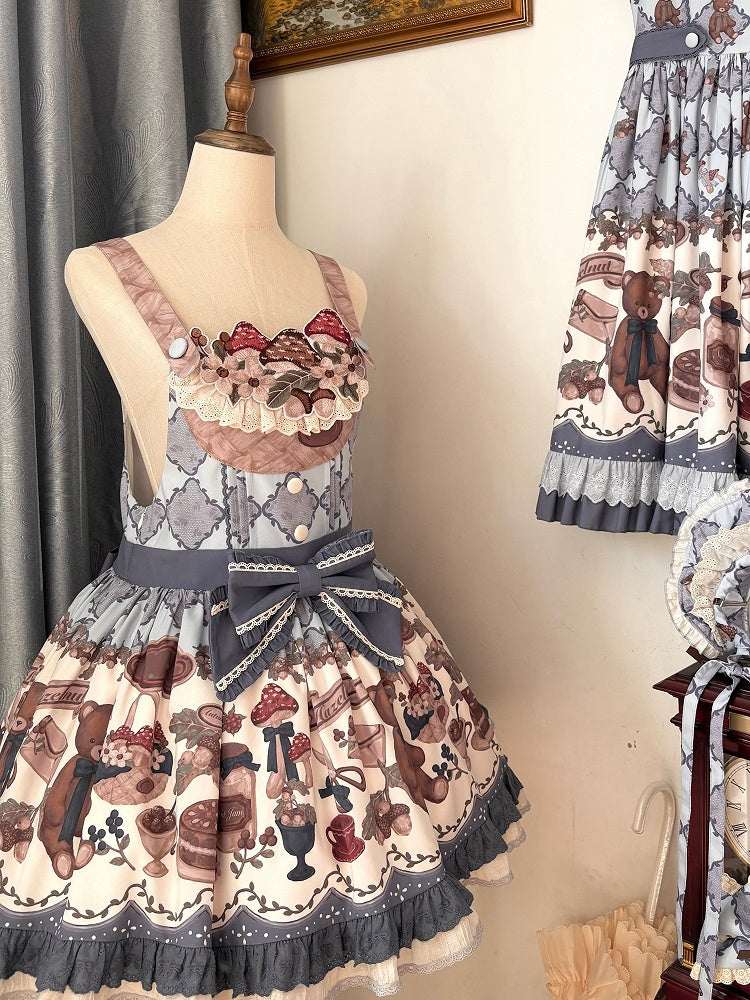Print Embroidery Overall Sweet Blue Teddy Dress Mushroom Lolita Neckline