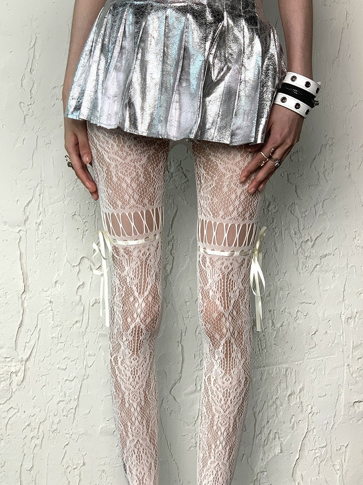 Cut-out Self-tie Coffee/Gray/Black/White/Purple/Blue Y2K Floral Pattern Design Tights Straps