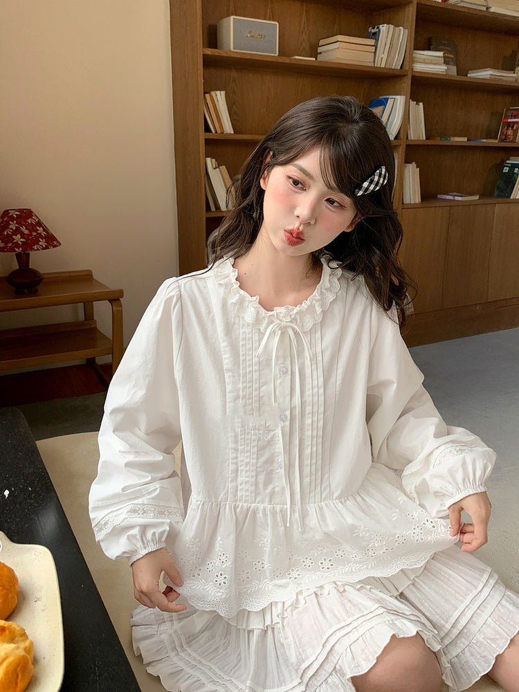 Self-tie Ruffle Neckline White Pleating Hem Blouse Details Lace