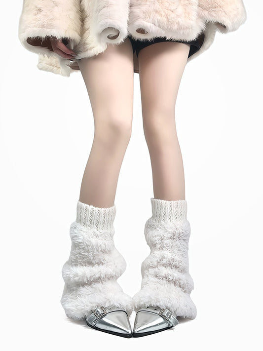 Off-white/Grey/Black Knitted Cuffs Plush Leg Warmers