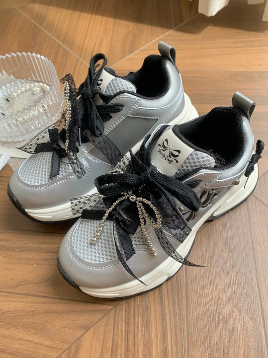 Beaded Front Ties Black Bowknot Lace-up Decorated Details Sneakers