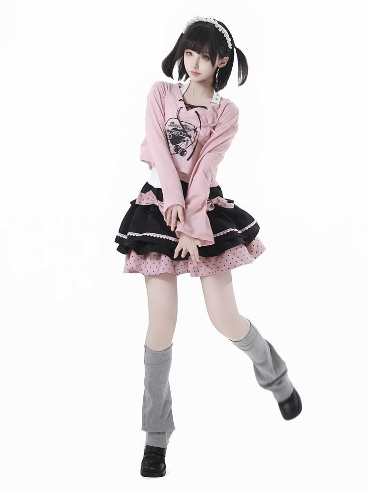 Tiered Skirt with Detachable Bows Black and Pink Polka-dot Pattern