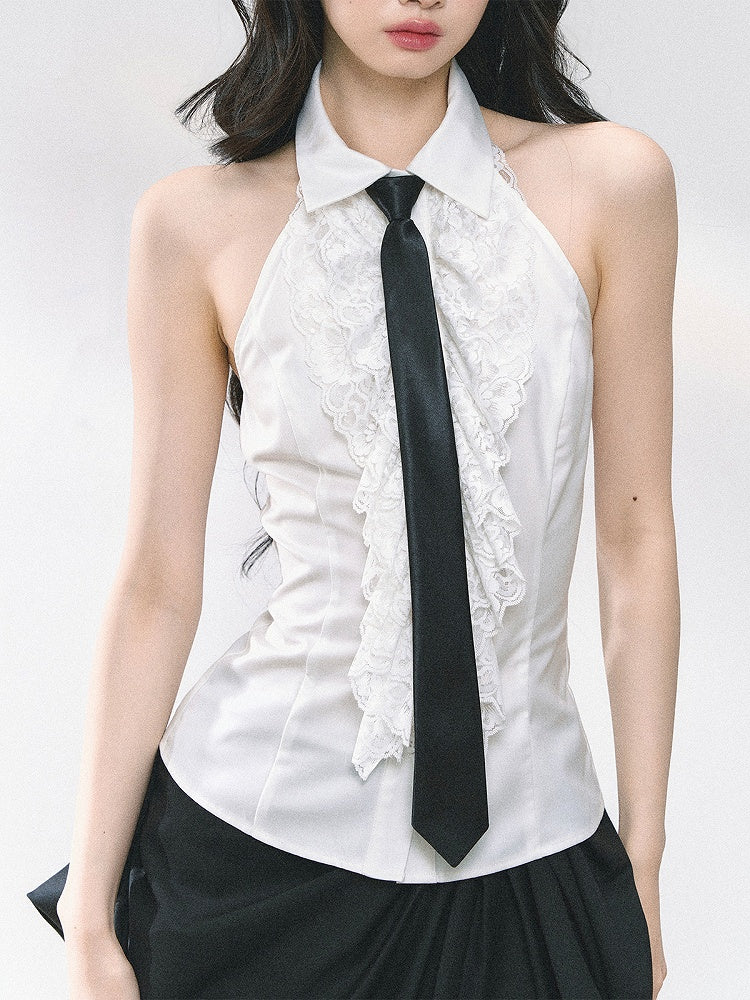 White Ruffled Lace Trim Sleeveless Shirt with Free Tie