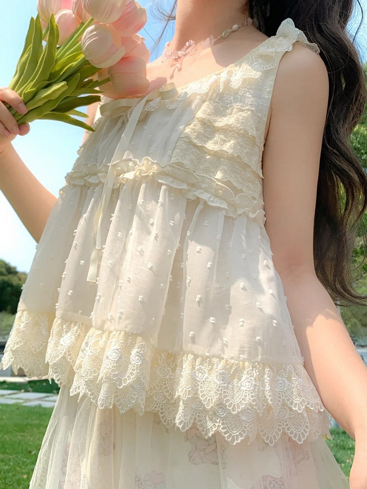 Self-tie Tank Top Bow Lace Trim Elegant with Beige Tiered