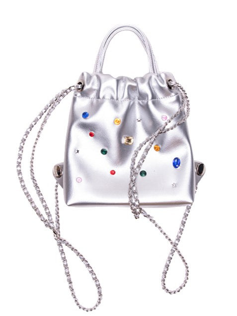 Glamorous Silver Drawstring Backpack With Rhinestone Embellishments