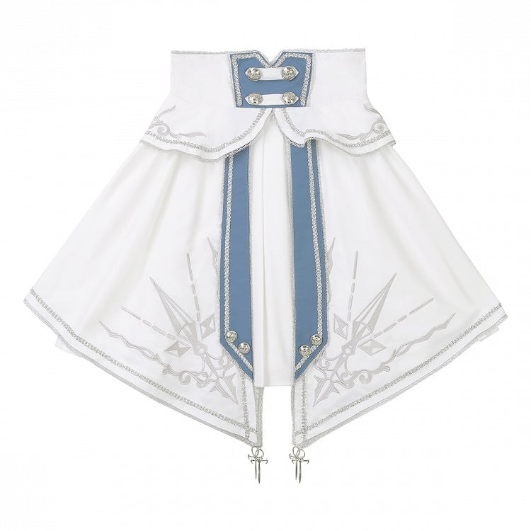 Weißes und blaues Militär-Lolita-Outfit, langärmliges Oberteil, hoch taillierter Rock