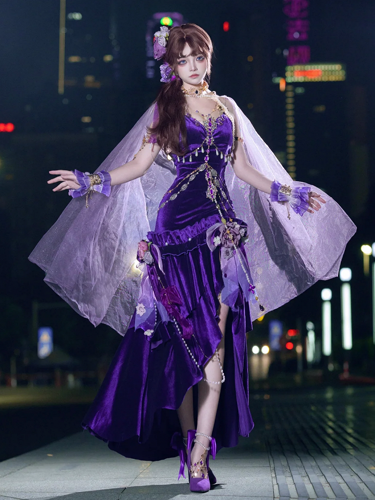 Robe de soirée sirène fendue en velours violet à volants en cascade et dos nu