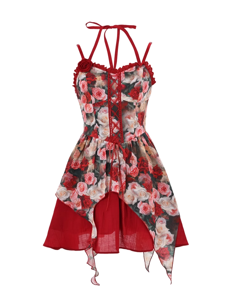 Front Red Rosette Print Cascading Ruffles Lace-up Cami Dress