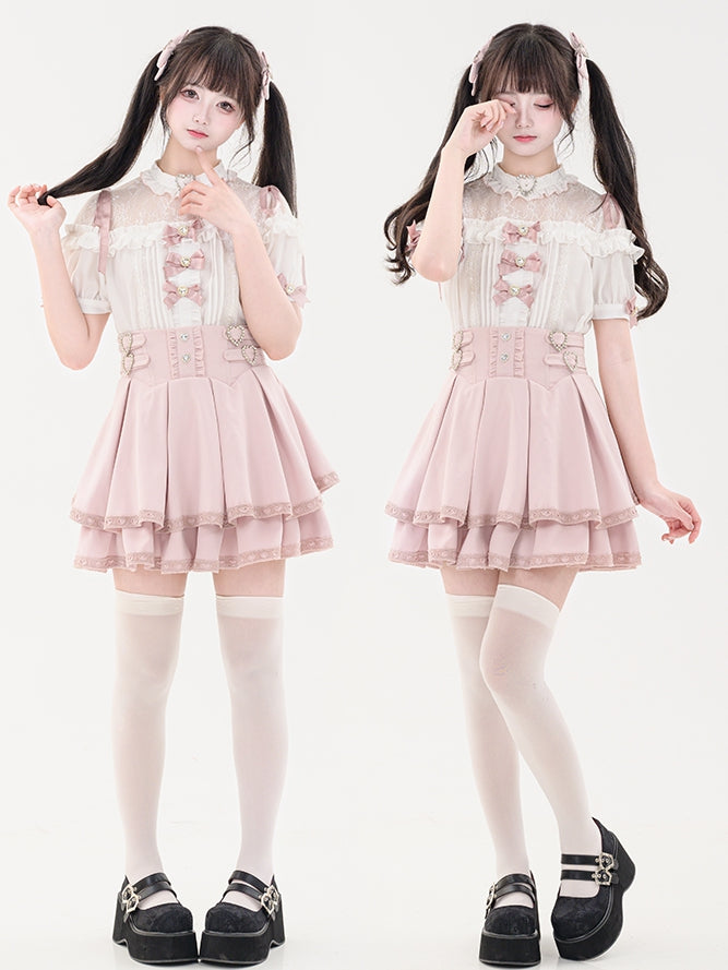 Bowknot Short Jirai Rhinestone Shirt Pleating Pink Details Sleeves Decorated Kei Heart