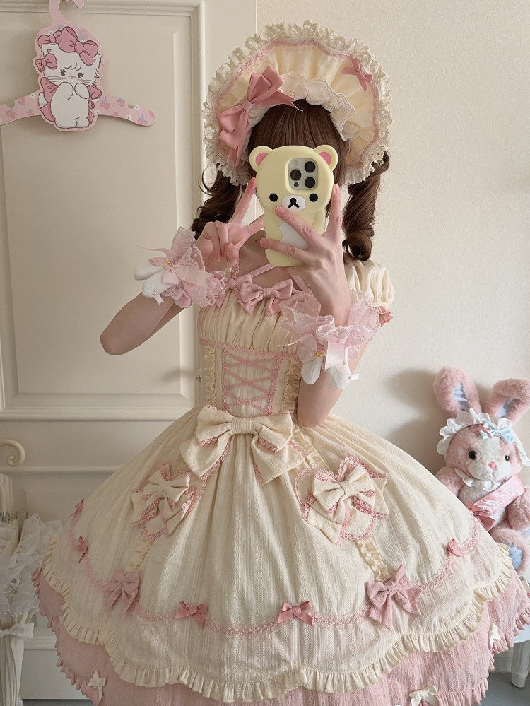 Gewellter Rand, Scool Lolita-Baumwolle, gelber Rock, Akzente, rosa Kleid und Schleife, alte Borte