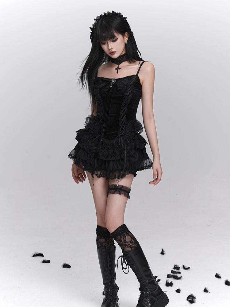 Gothic Cami Top Bow Gemstone Black with Crisscross Lacing