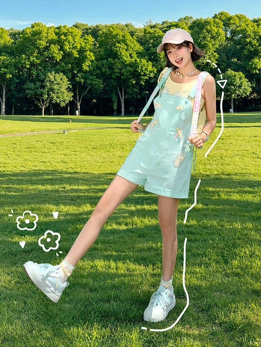 Shorts Overall Mint Green Cartoon Puppy Embroidery Straight-leg Cut