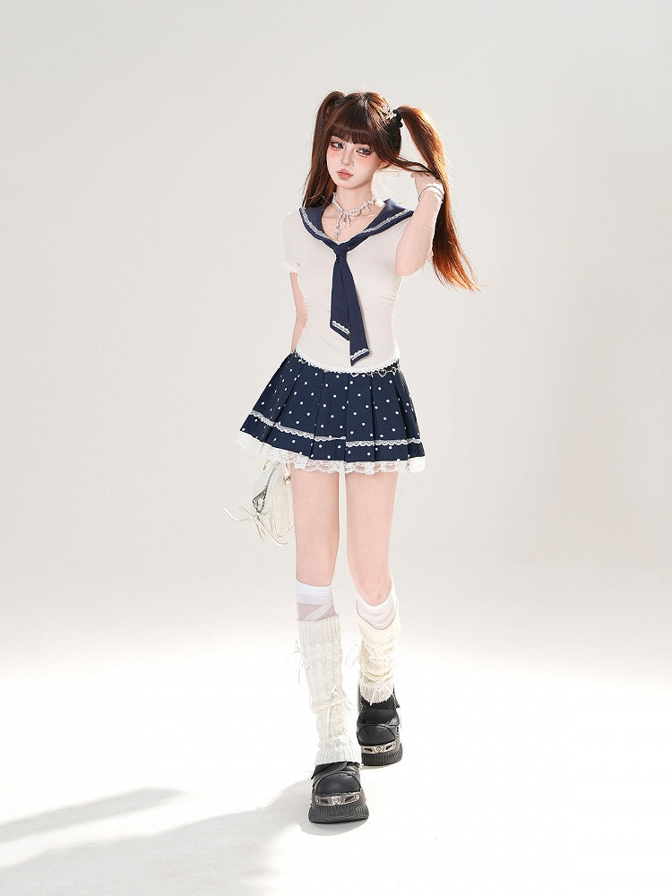 + T-Shirt-Set Plissee Matrosenmuster Polka Dot Abnehmbarer blauer Rock Marine Aprikose Eng anliegender Kragen