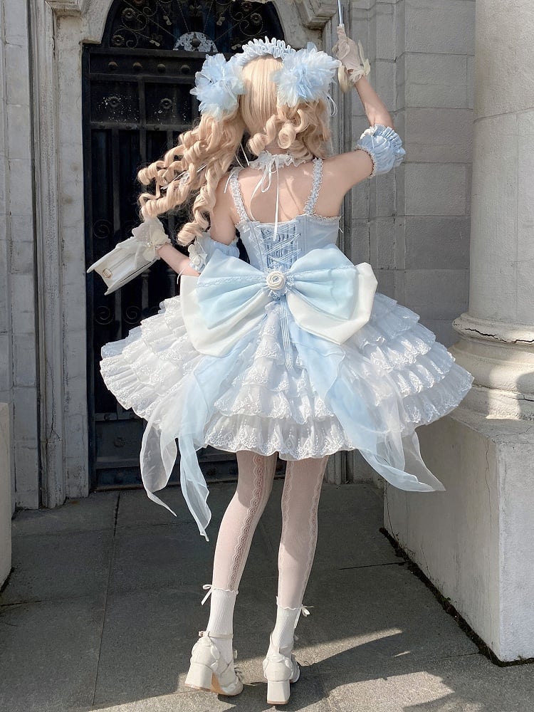 Prinzessin Neck Saum Rüschen Neckholder Balletcore Lolita Lagenkleid Blau mit