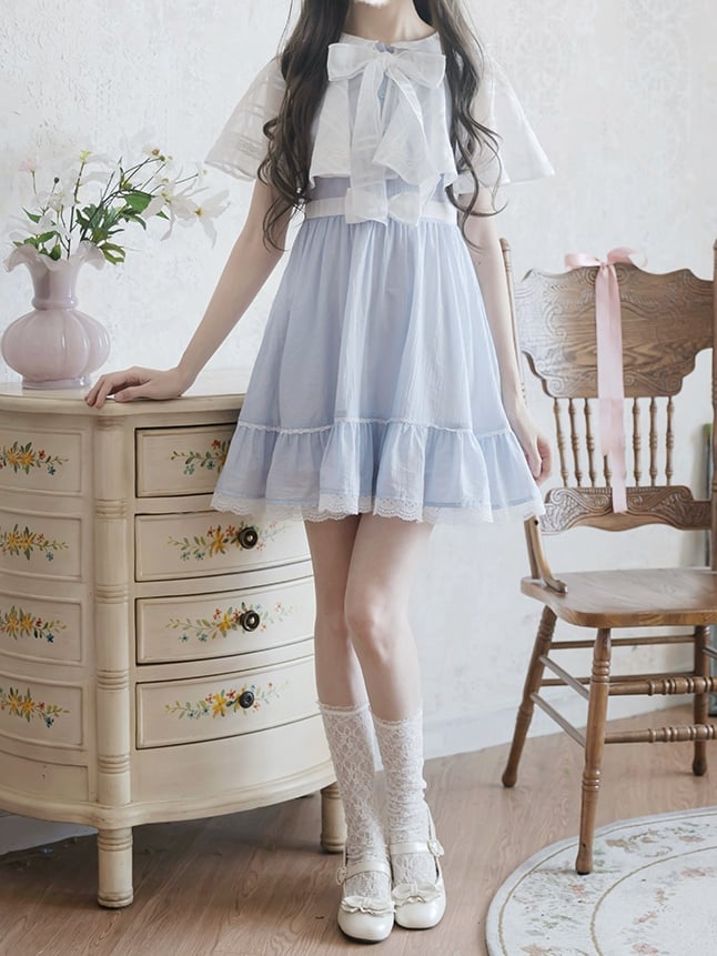 Jirai Kei Light Blue Peter Pan Collar Cape Design Faux Two-pieces Dress