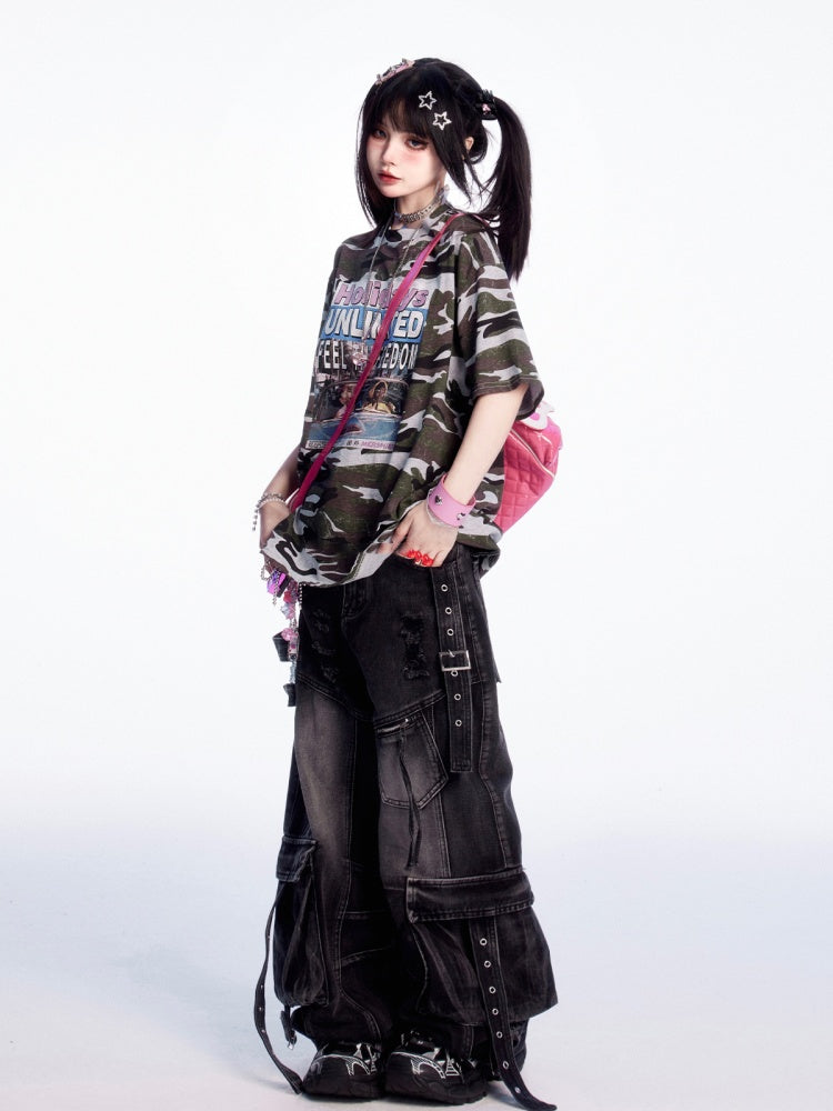 Jeans Rise Faded Wash Distressed Holes Wide-leg Cargo Black Low