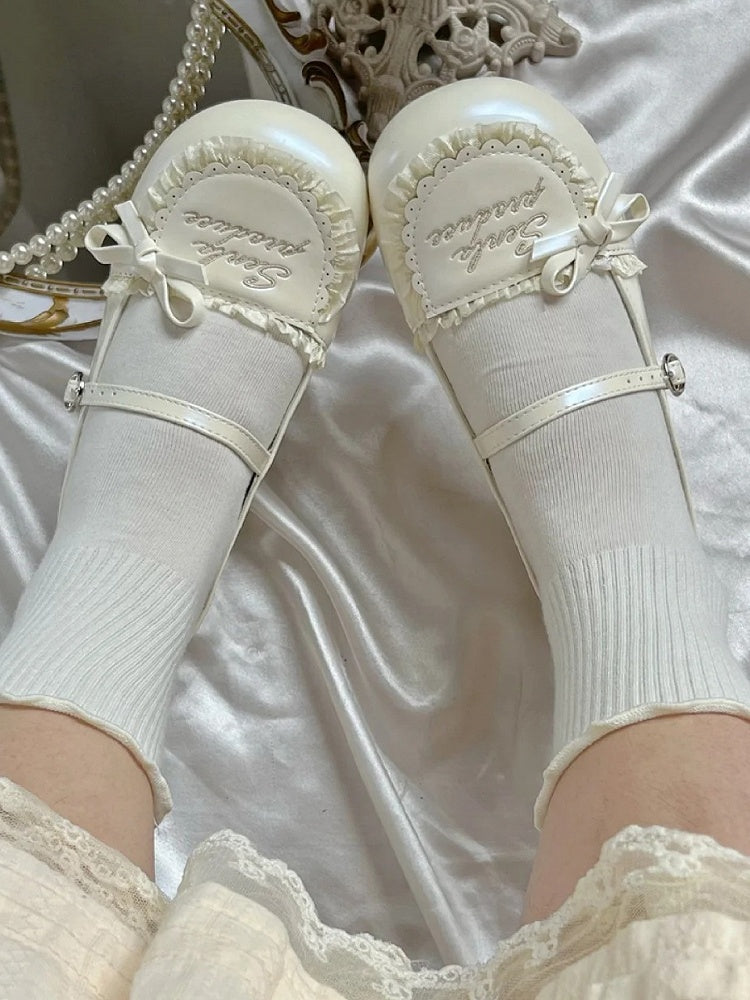 Lolita im süßen Stil Jane Schuhe Mary Flat Beige Rüschen mit Besatz
