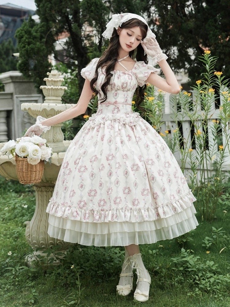 Lolita Elastic Version Set Full Classic Long Rosette Neckline Print Square OP