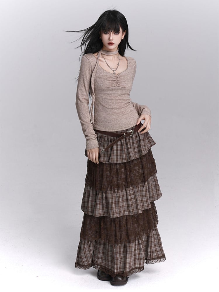 Side Lace Skirt Layers with Zipper Tiered Maxi Coffee Plaid