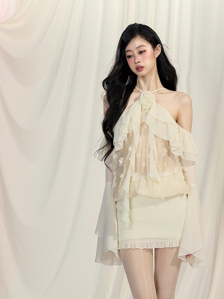 Cascading Ruffle Accents Mesh Top Sleeves Apricot Halter Neck Bell