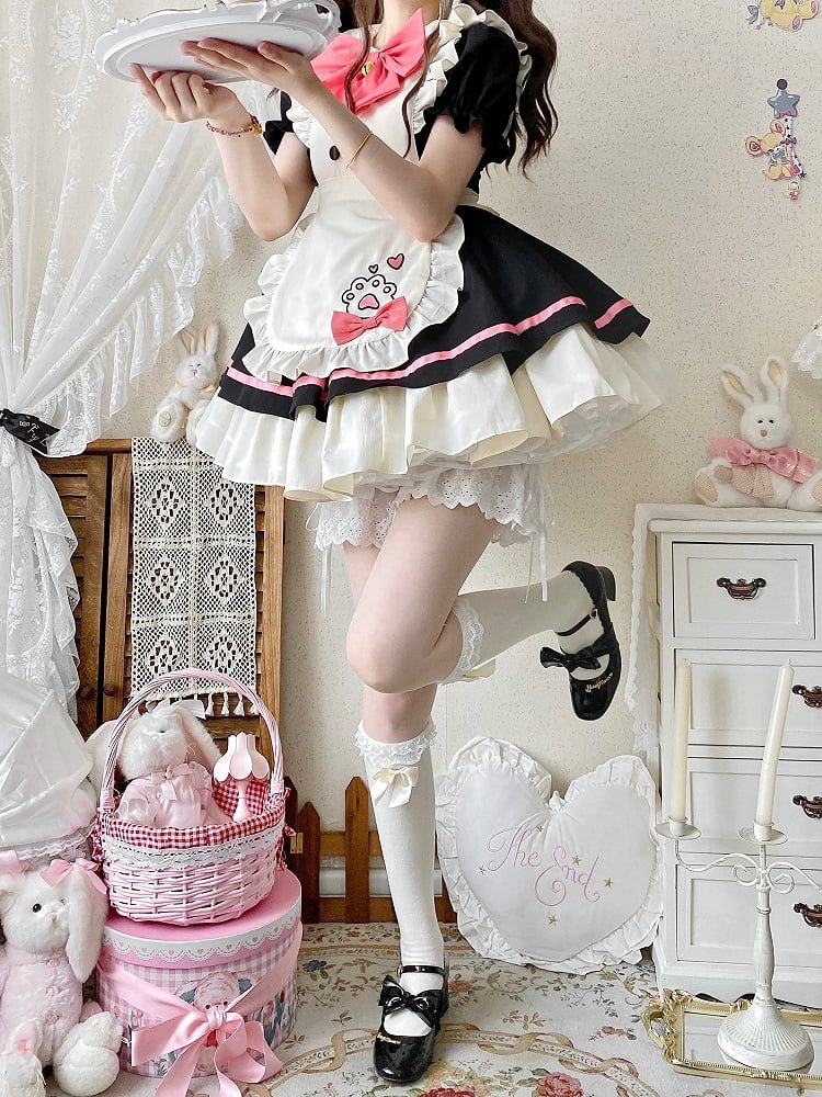 Black and Pink Sweet Maid Lolita Kitty Paw Apron Dress