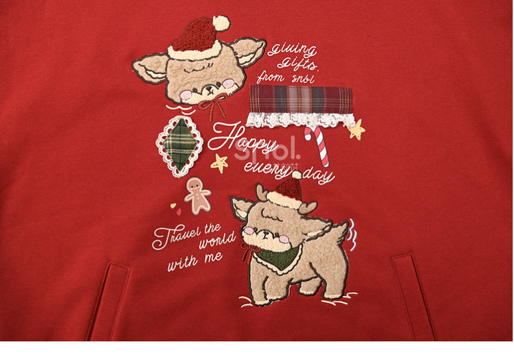Weihnachtsroter dicker Hoodie mit süßen Rentier-Applikationen