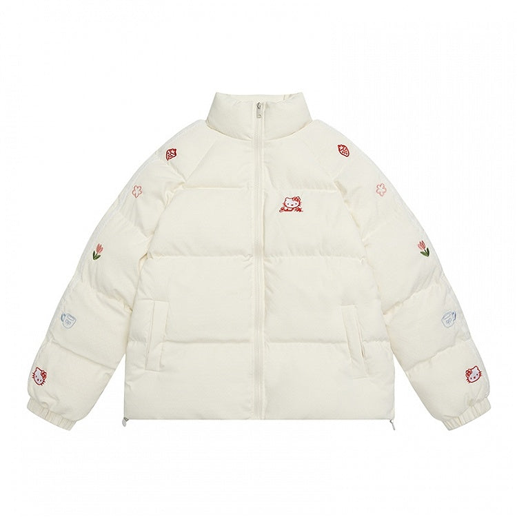 White/Pink Kitties Embroidery High Neck Puffer Jacket