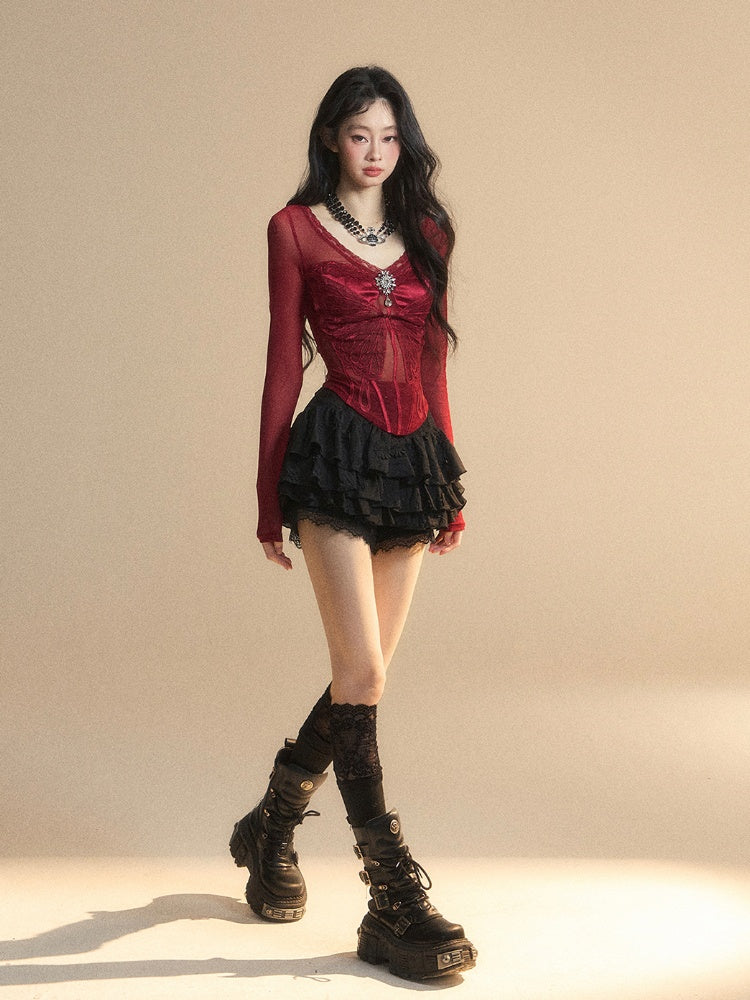 Red V-neck Top Rhinestone Embellished Glamorous Butterfly Embroidery