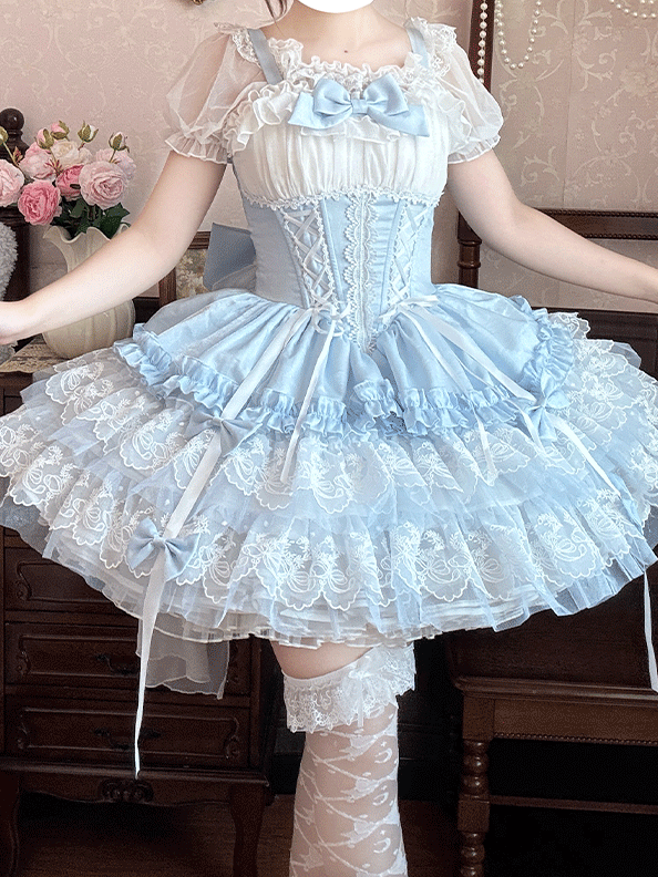 Mehrlagiger großer Balletcore-Schnürrock mit entbeinter Taille, süßer Lolita-Pullover, Schleppe, Schleifenrock, blau-weiß mit Saumspitze und