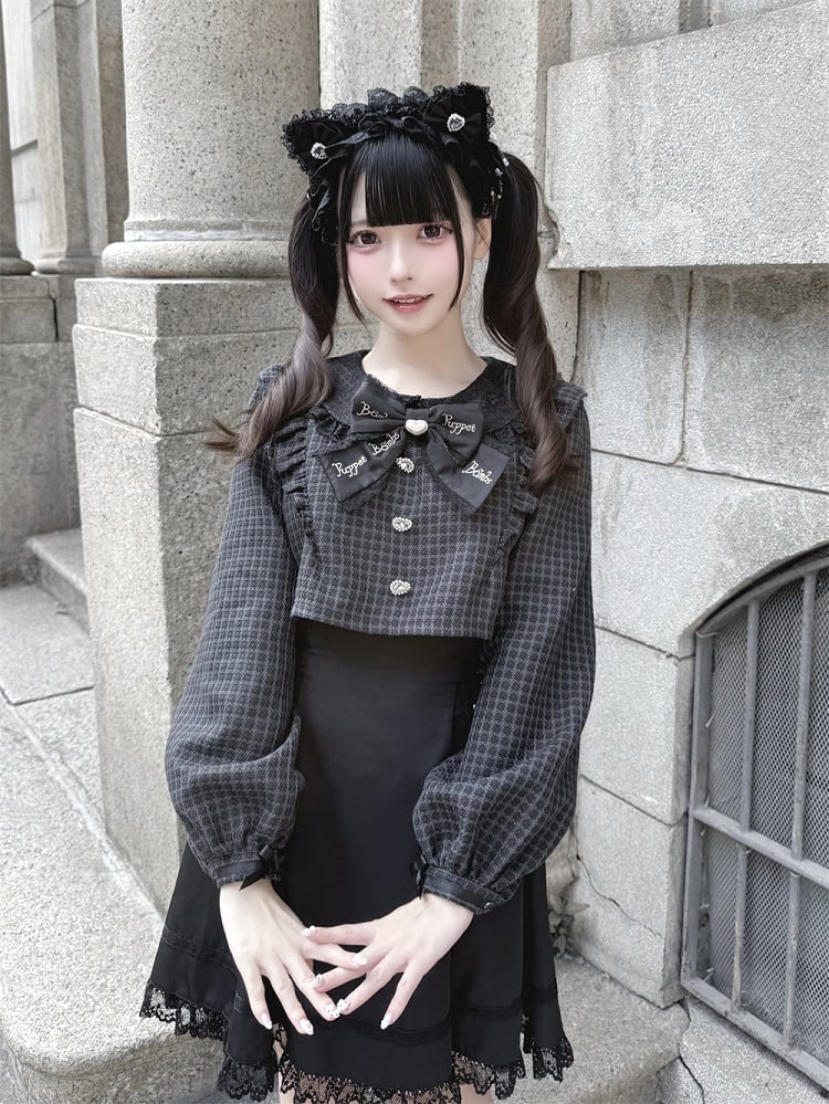 Black with Jirai Dress Square Houndstooth Waist Two-Piece Design Sleeve Buckles Long Faux and Kei