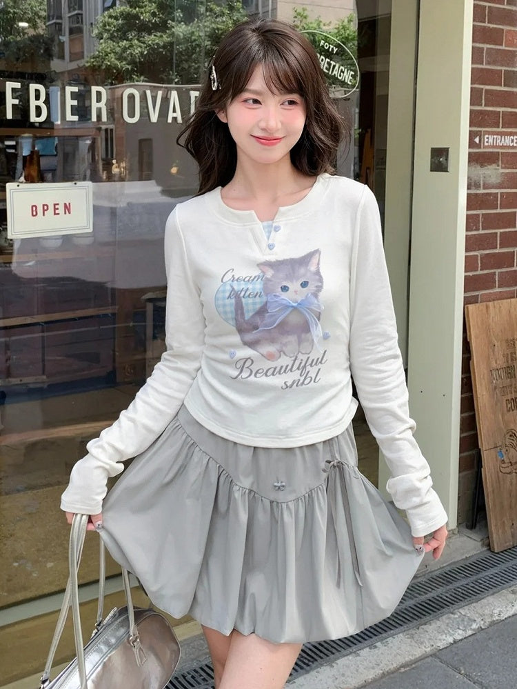 Adorable Cartoon Kitty Print Sweetheart Two-pieces Top Button Details White Faux